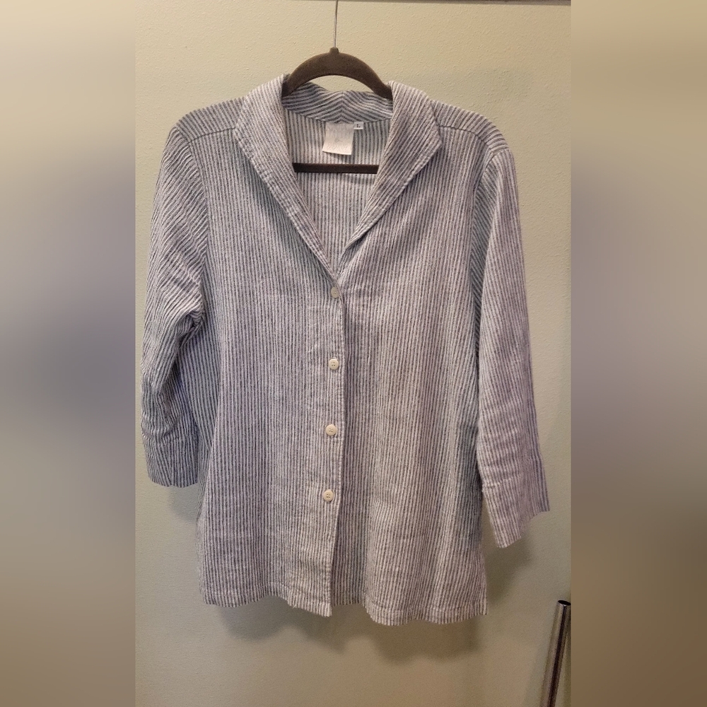 Women's Dark Blue/white Striped Gray Linen Shirt 3/4 Length Sleeve